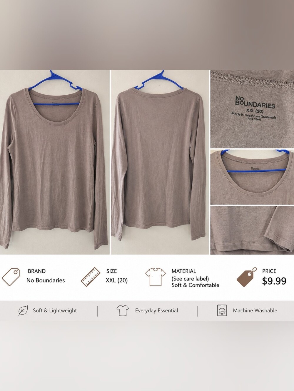 No Boundaries Women's Long-Sleeve Scoop Neck Top — Taupe - Picture 1 of 1